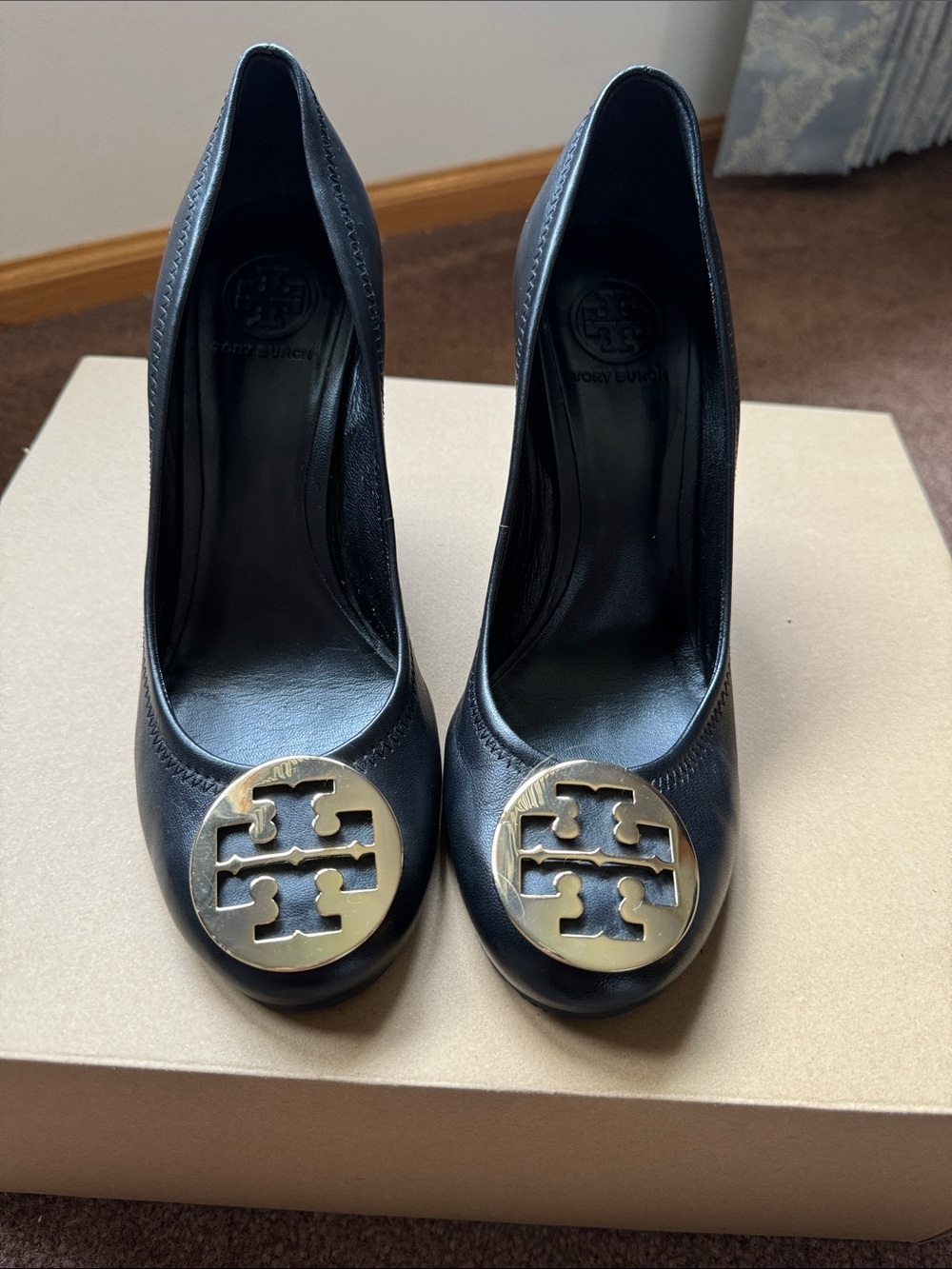 Tory Burch Sally Wedge Pumps with Gold Logo Medallion